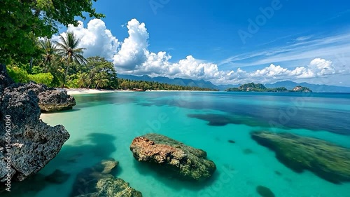 A picturesque scene unfolds with a clear turquoise sea meeting a white sand beach. Palm trees sway gently, while unique rock formations adorn the foreground, creating a serene tropical paradise