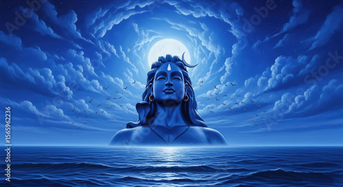 Ai generated image of a majestic statue of lord shiva emerges from the ocean under a tranquil night sky