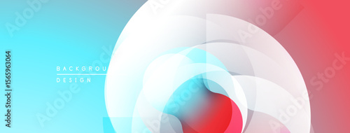 Abstract design features overlapping circles. Blue, red, white gradients create dynamic visual effect. Minimalist composition, modern aesthetic.
