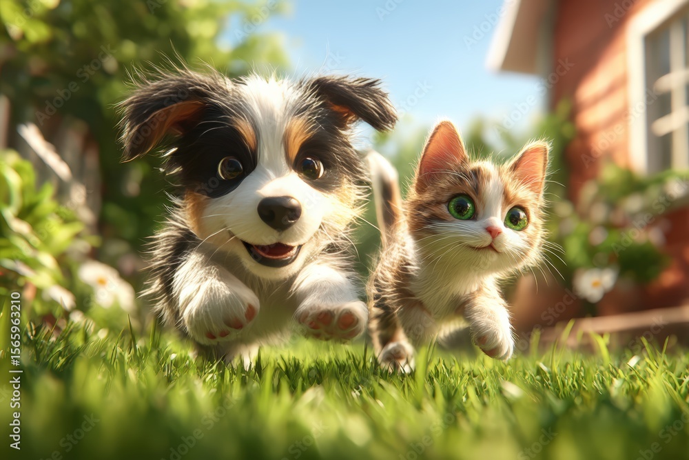 Adorable Puppy and Kitten Playing in Lush Garden on a Sunny Day, Capturing Joyful Moments of Friendship and Fun Adorable Puppy and Kitten Playing in Lush Garden on a Sunny Day, Capturing Joyful Moments of Friendship and Fun
