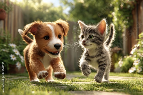 Adorable puppy and kitten playing in a sunny garden - Joyful pet moments captured in a vibrant and lively outdoor setting, perfect for animal and nature enthusiasts.