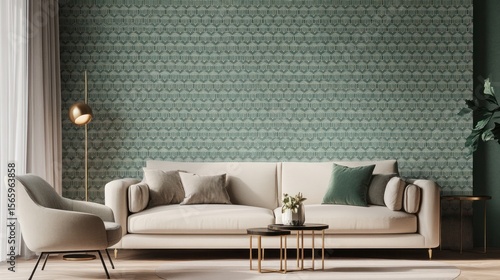 Interior living room view with a couch, chair, and patterned wallpaper feature wall