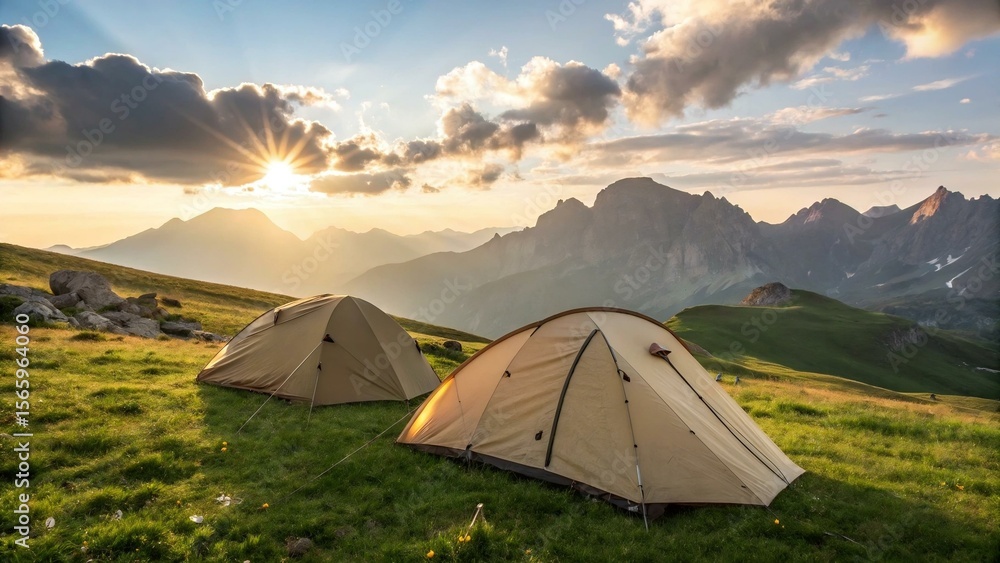 Two tents pitched on a grassy hillside with mountains at sunset. Two tents pitched on a grassy hillside with mountains at sunset.