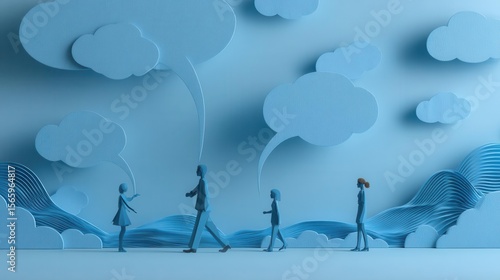 Light blue figures walking abstract landscape