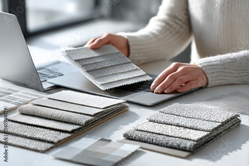 Interior designer reviewing fabric swatches and color samples on a laptop for a modern home decor project