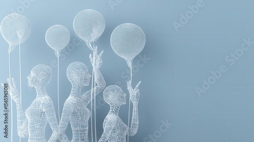 Abstract figures holding balloons