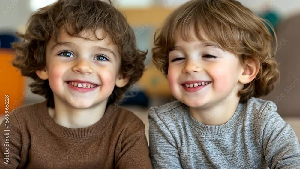 Close-up of two adorable young boys with curly and straight hair, beaming with joy in brown and grey sweater. Soft, diffused lighting enhances their rosy cheeks. A heartwarming image of childhood Close-up of two adorable young boys with curly and straight hair, beaming with joy in brown and grey sweater. Soft, diffused lighting enhances their rosy cheeks. A heartwarming image of childhood