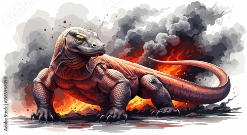 A powerful symbol of ancient strength, this Komodo dragon emerges in an explosion of volcanic watercolor—raw, wild, and majestic in motion.