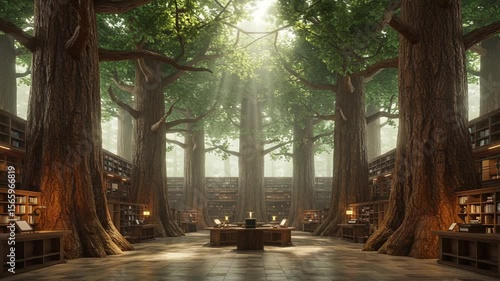 Enchanted library with towering trees and sunlight beams