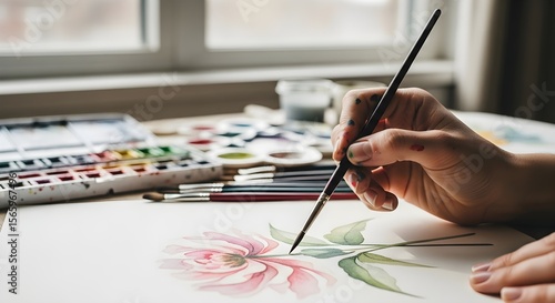 Close-up of Artist's Hand Painting a Delicate Watercolor Flower, Creative Process in Action