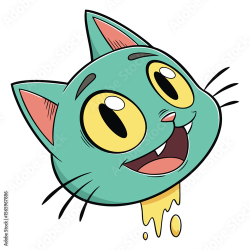 Happy teal cat head with drool