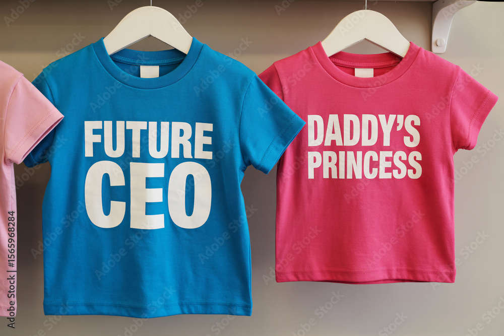 Naklejka premium Pink and blue children’s shirts with stereotypical CEO and princess text, highlighting early gender norms and societal expectations.