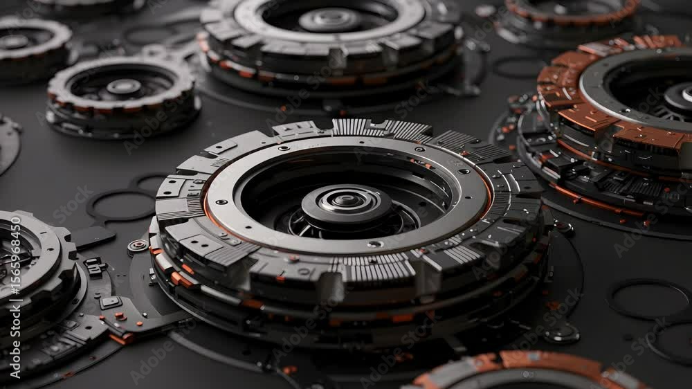 Intricate Metallic Gears with Orange Accents on Dark Gray Background Detailed Close Up Intricate Metallic Gears with Orange Accents on Dark Gray Background Detailed Close Up