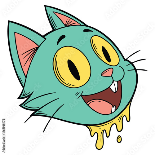 Happy teal cat head with drool