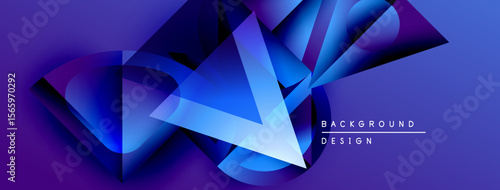 Abstract geometric shapes, vibrant blue hues, dynamic composition. Modern design elements create depth, texture, visual interest.