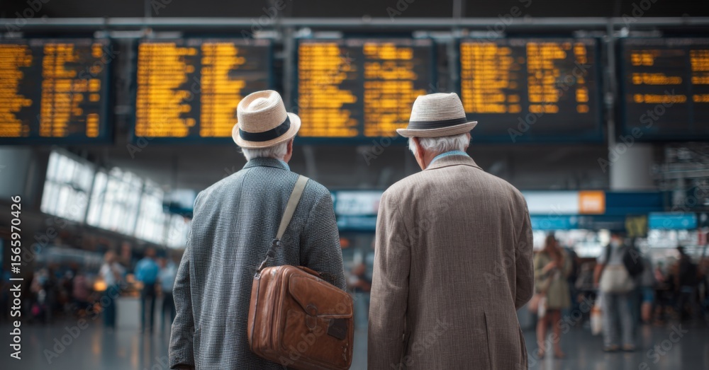 Fototapeta premium Elderly men looking at flight information board in airport terminal 