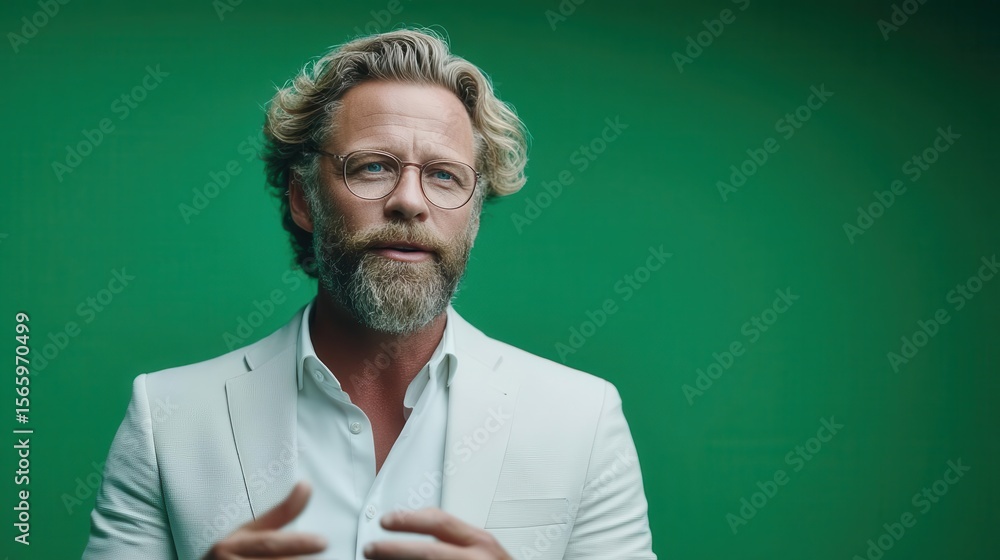 Fototapeta premium Man speaking against green background