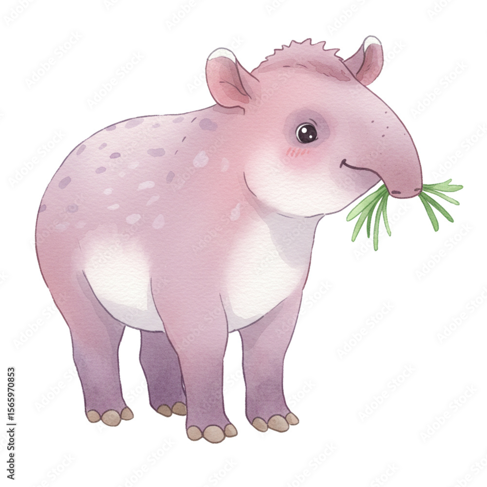 Naklejka premium Tapir's Tender Moment: A charming watercolor illustration depicts a tapir, peacefully munching on grass, exuding gentle affection with a playful demeanor and captivating artistic charm.