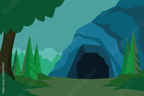 Mysterious Cave Entrance in a Lush Green Forest A Serene Illustration