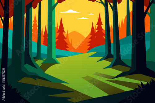 Night forest vector illustration with autumn trees and moonlit sky