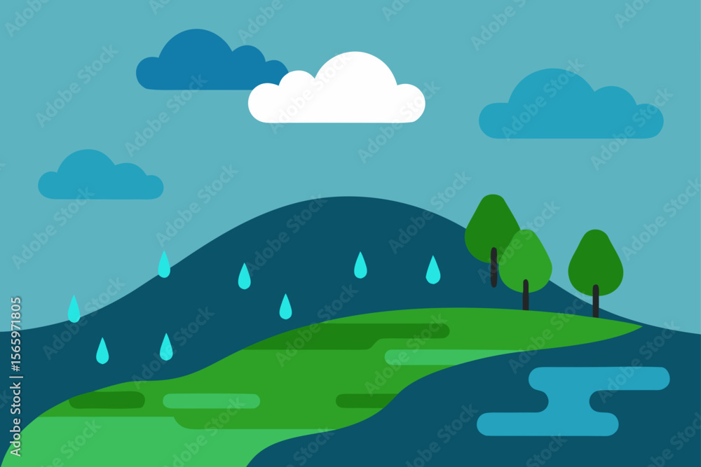 Fototapeta premium Natural landscape illustration with green trees, blue sky, clouds, and mountains