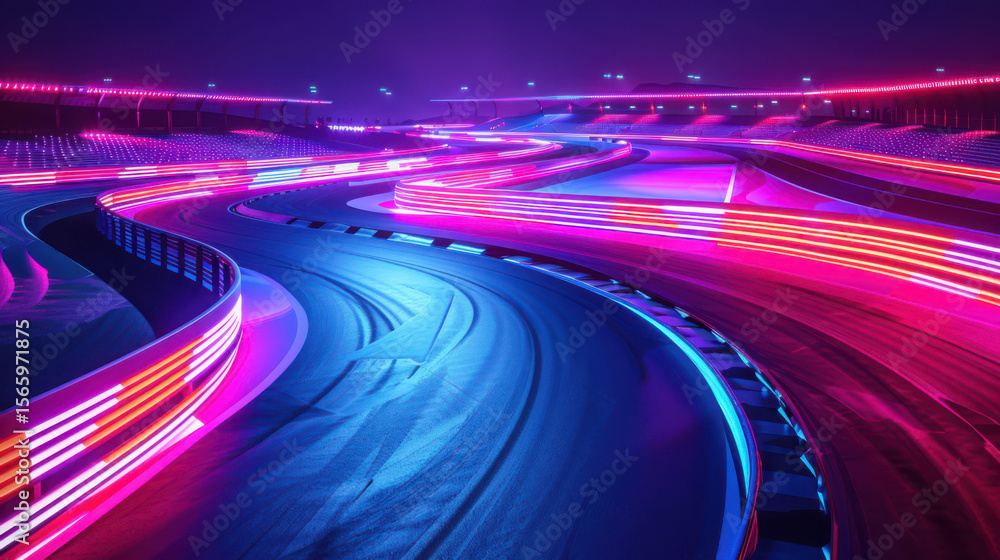 Neon racing track with streaking lights and futuristic grandstands
