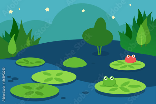 A whimsical illustration of a pond scene, with frogs and lily pads at night under the starry sky. It evokes a sense of peace and tranquility.