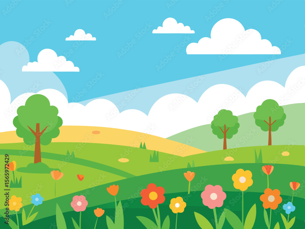 Obraz premium summer landscape with trees and flowers