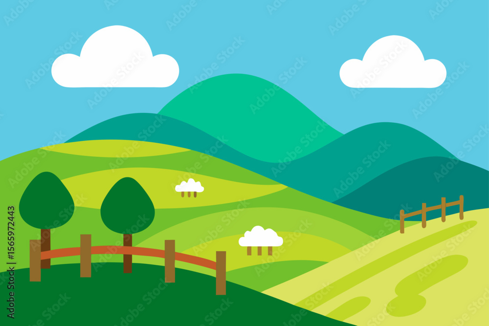 Fototapeta premium Serene Rolling Hills A Picturesque Pastoral Landscape Illustration