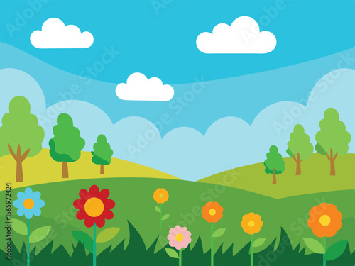 summer landscape with flowers and clouds