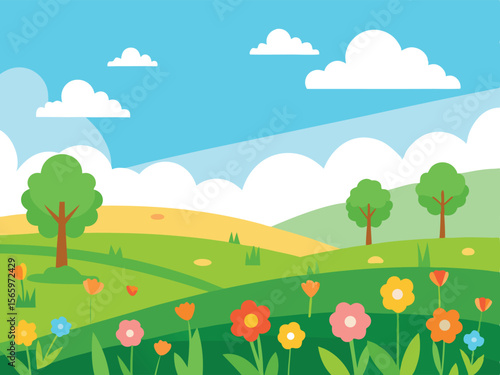 summer landscape with trees and flowers