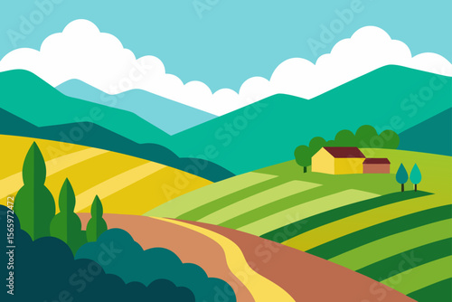 Serene Countryside Landscape Rolling Hills, Farm, and Winding Path Illustration