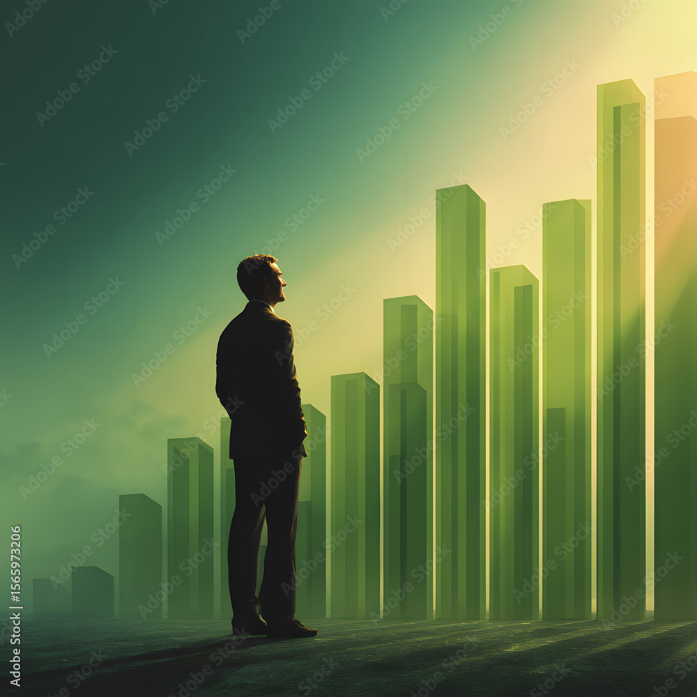 Businessman Contemplating Growth with Abstract Bar Graphs Background Businessman Contemplating Growth with Abstract Bar Graphs Background