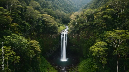 Lush Green Forest with Waterfall Cascading Down Cliffside Under Sunlight, Creating Serene Nature Landscape