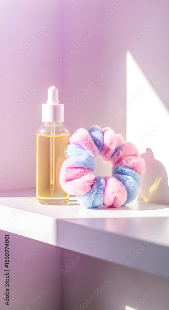 Delicate pastel scrunchie and skincare serum create a soft, beauty focused still life scene against a gentle pink backdrop. Delicate pastel scrunchie and skincare serum create a soft, beauty focused still life scene against a gentle pink backdrop.