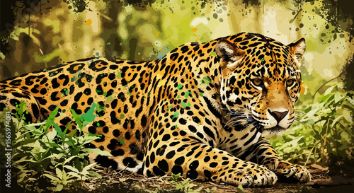 elegant predator vanishes into the rainforest through masterful ink camouflage. A blend of stealth, color, and creative realism.