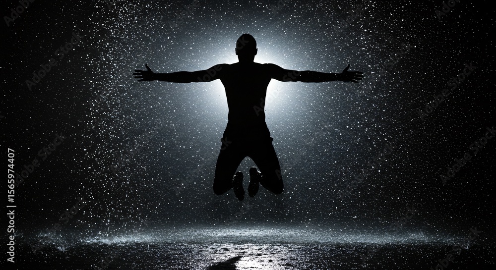 Naklejka premium A powerful silhouette of a man jumping high with outstretched arms amidst a dramatic splash of water or rain.