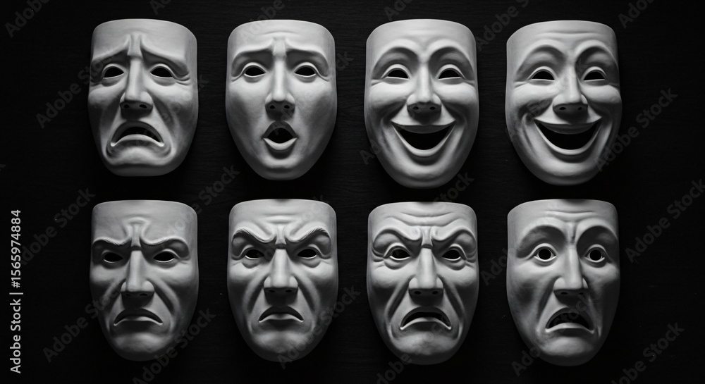 Eight white theatrical masks, each displaying a distinct human emotion from joy to sorrow and anger, are arranged in two rows against a dark background. Eight white theatrical masks, each displaying a distinct human emotion from joy to sorrow and anger, are arranged in two rows against a dark background.
