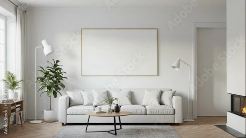 Wallpaper Mural Minimalist Interior Design Featuring White Sofa Fireplace and a Blank Canvas with Natural Light in a Cozy Living Room Torontodigital.ca