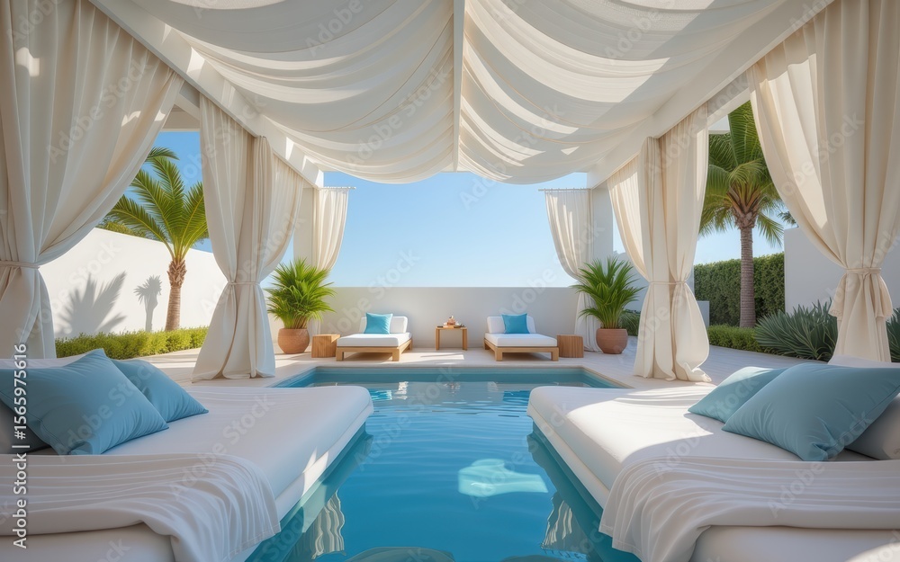Fototapeta premium Additional living space concept. Serene poolside lounging area with stylish decor and curtains.