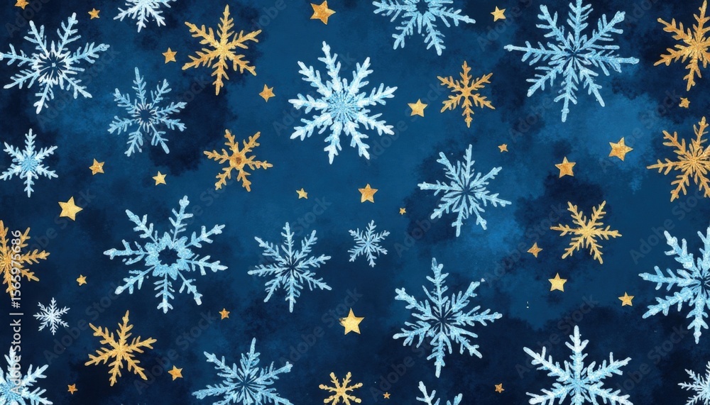 Blue Background with White and Gold Snowflakes and Stars for Winter Holiday Design Blue Background with White and Gold Snowflakes and Stars for Winter Holiday Design