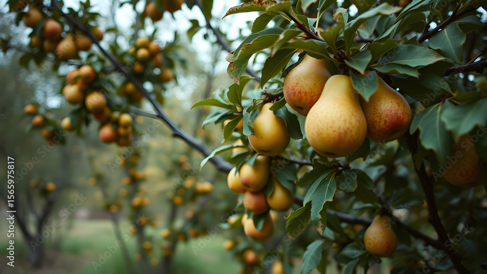 A tree with many pears hanging from it A tree with many pears hanging from it