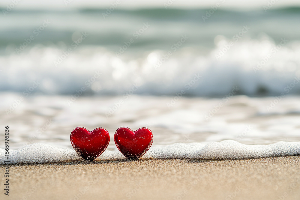 Fototapeta premium A close-up captures two shiny red heart-shaped objects resting on wet sand, with foamy ocean waves gently washing ashore in the background.