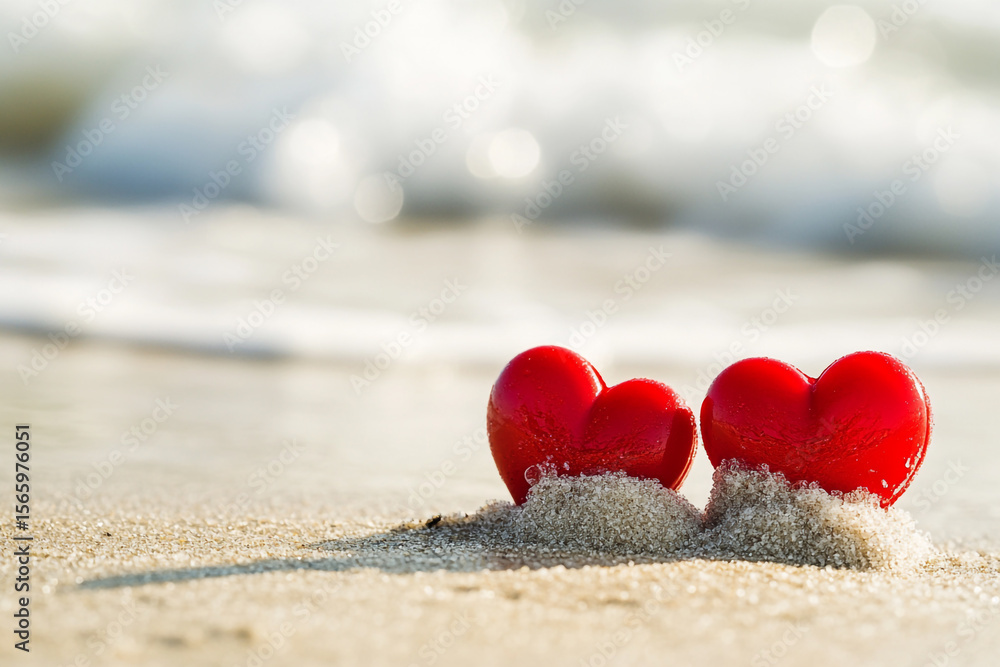 Fototapeta premium A close-up captures two shiny red heart-shaped objects resting on wet sand, with foamy ocean waves gently washing ashore in the background.