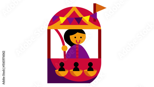 Cartoon character at colorful fair booth with flags and smiles  