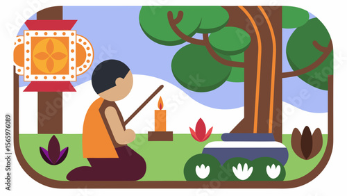 Man praying with incense stick in peaceful garden setting  