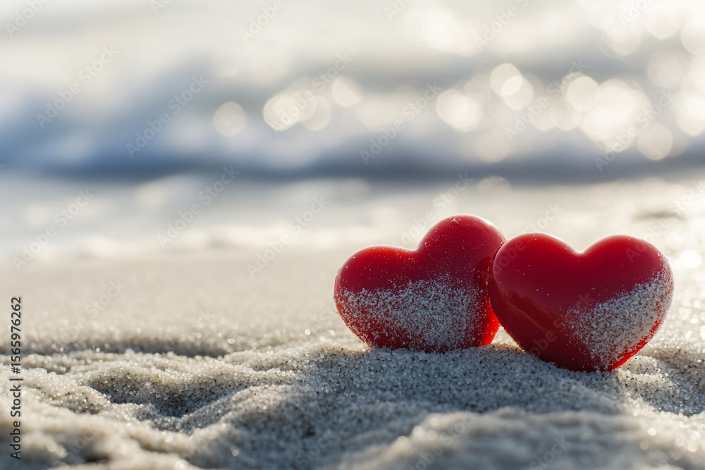 Fototapeta premium A close-up captures two shiny red heart-shaped objects resting on wet sand, with foamy ocean waves gently washing ashore in the background.