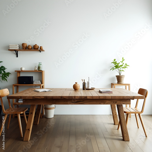 A wooden dining table with two chairs and a vase on it