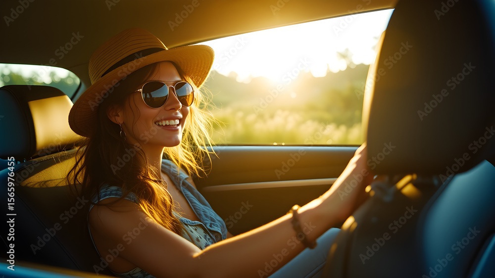 Fototapeta premium A woman is driving a car with a sunroof and a hat on