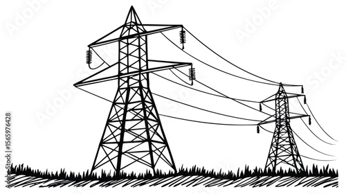 Electricity Transmission Towers Vector - High Voltage Power Line Sketch Illustration